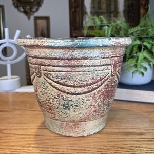 Vintage Rustic Terracotta Planter Ornate Swag Design Weathered Farmhouse Pot